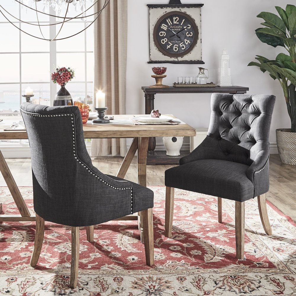 Set of 2, Light Distressed Natural Finish Dark Grey Linen Tufted Dining Chair. Picture 1