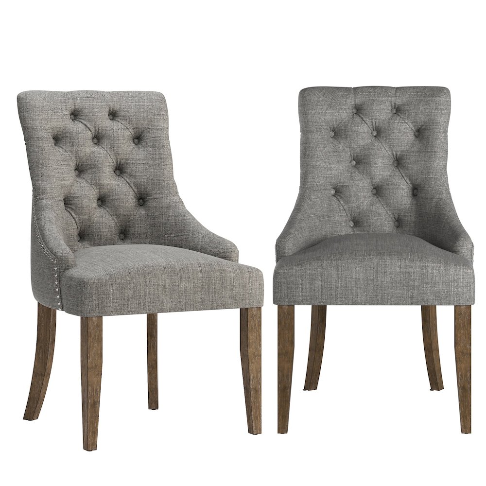 Set of 2, Light Distressed Natural Finish Grey Linen Back Tufted Dining Chair. Picture 3