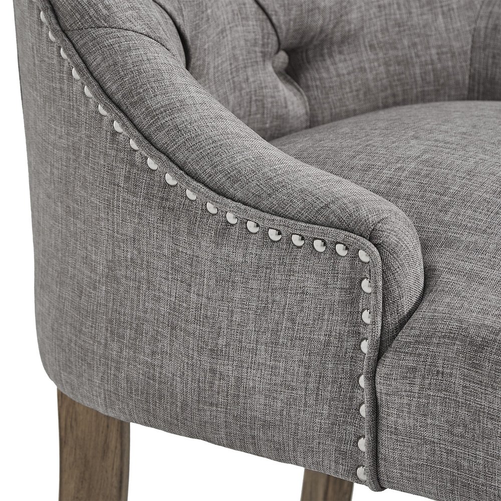 Set of 2, Light Distressed Natural Finish Grey Linen Back Tufted Dining Chair. Picture 2