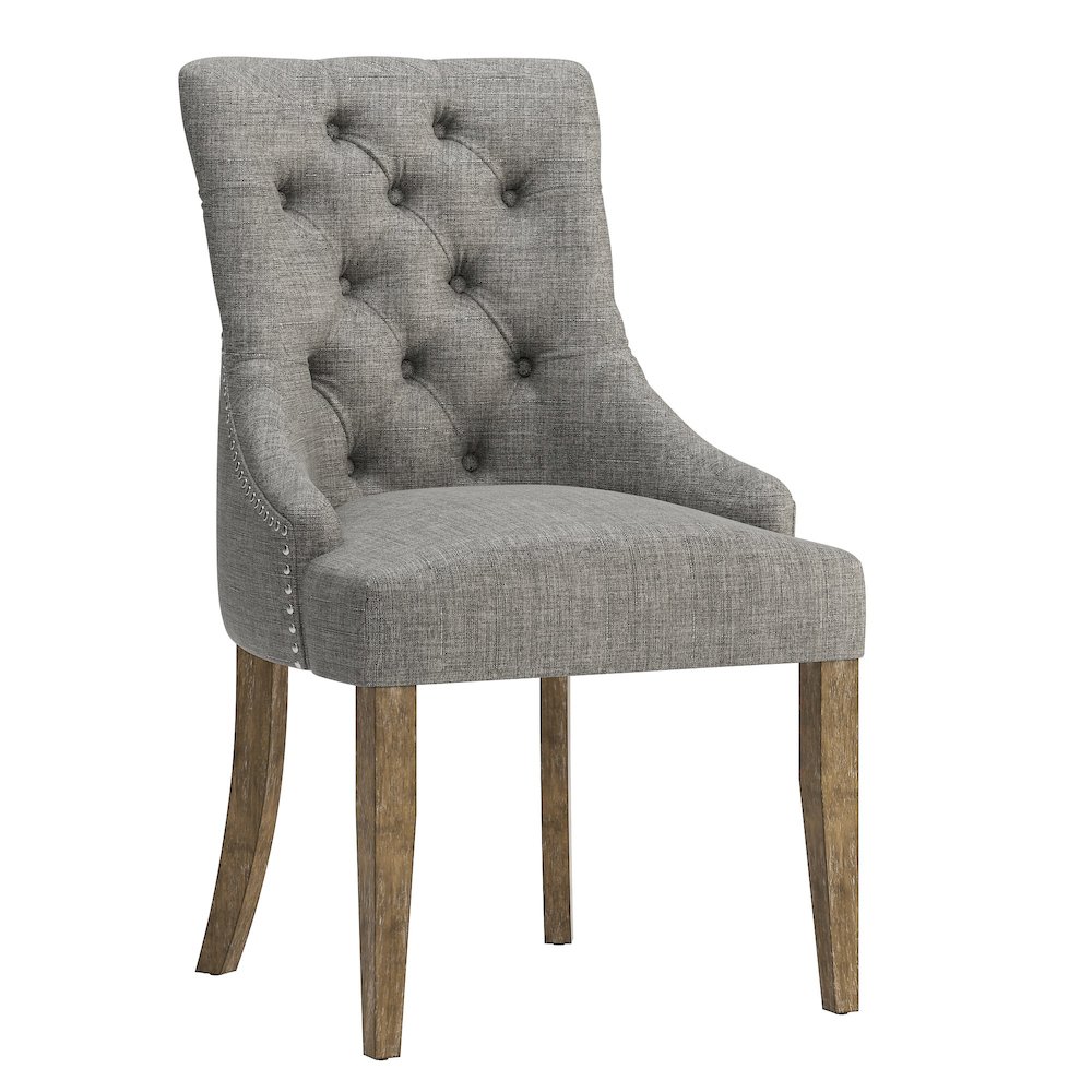 Set of 2, Light Distressed Natural Finish Grey Linen Back Tufted Dining Chair. Picture 4