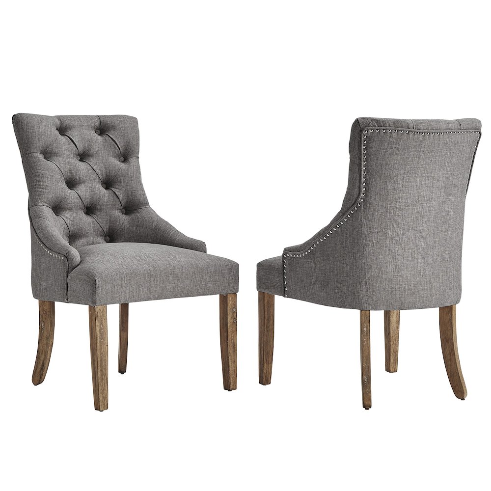 Set of 2, Light Distressed Natural Finish Grey Linen Back Tufted Dining Chair. Picture 5