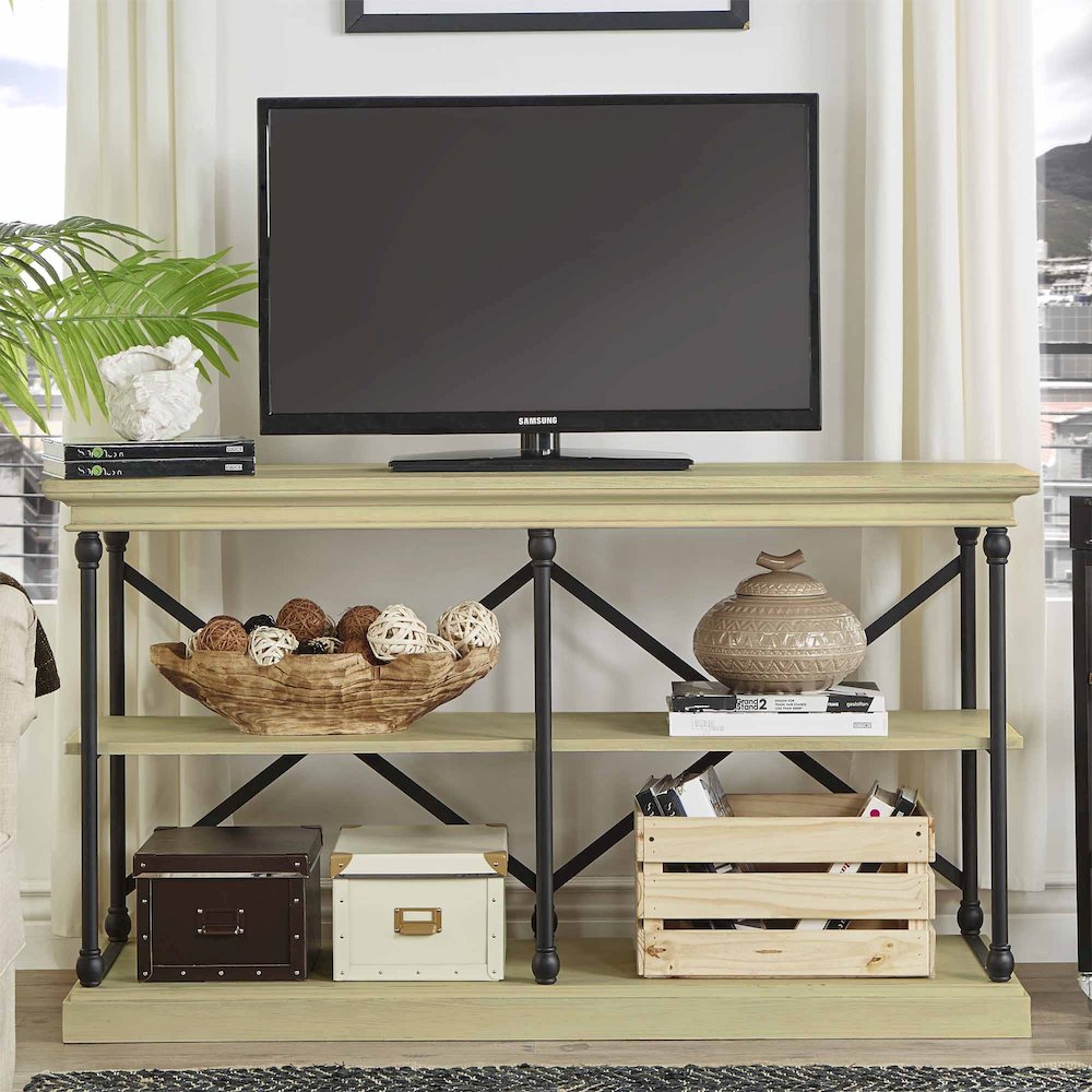 Ivory White Finish X-Back Sofa Table TV Stand. Picture 1