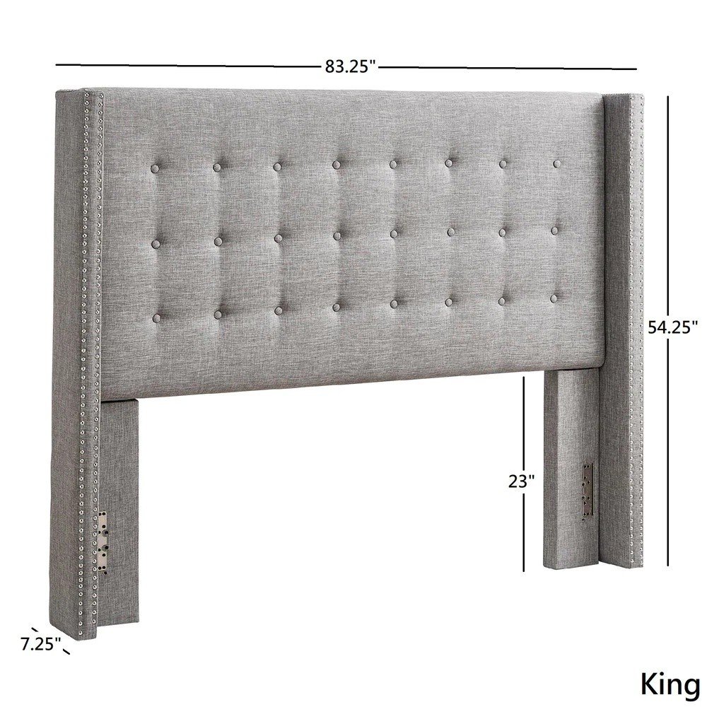 Dark Grey Linen Eastern King Wingback Headboard. Picture 2