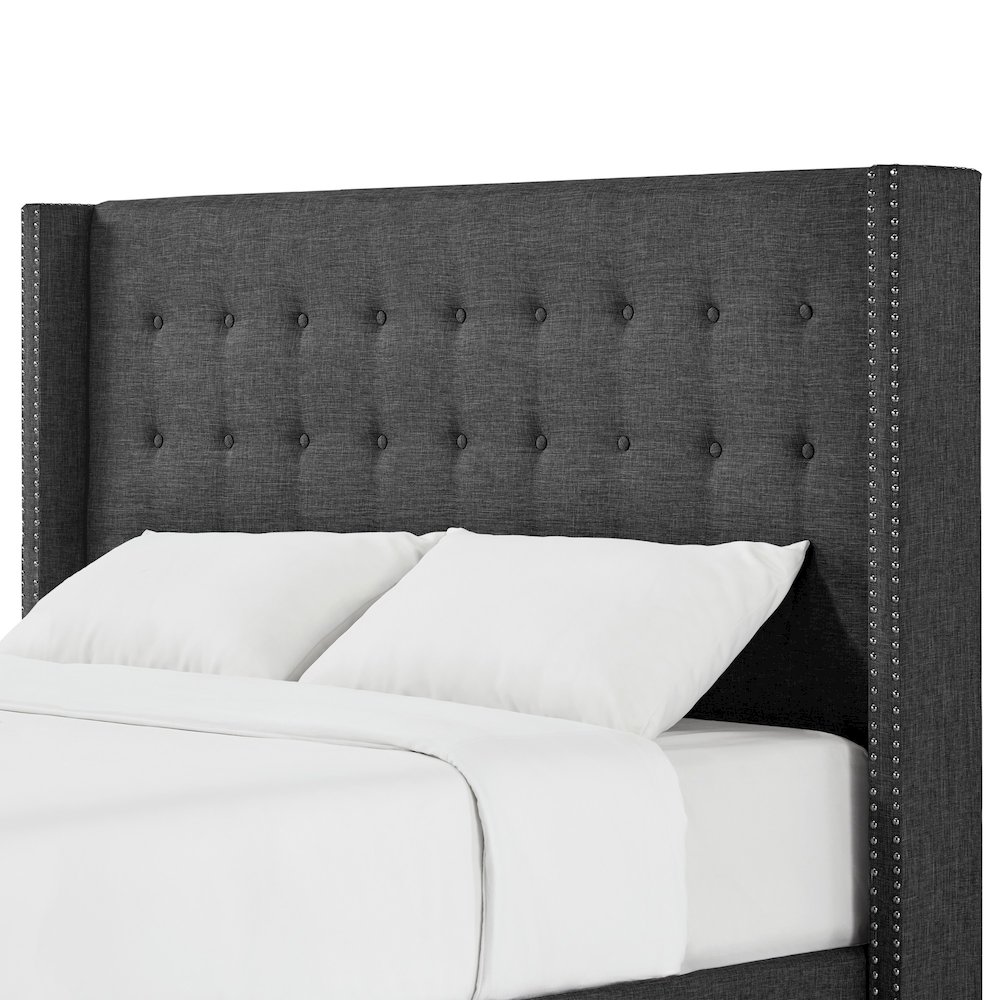 Dark Grey Linen Eastern King Wingback Headboard. Picture 3