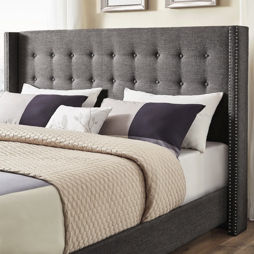 Dark Grey Linen Eastern King Wingback Headboard. Picture 1