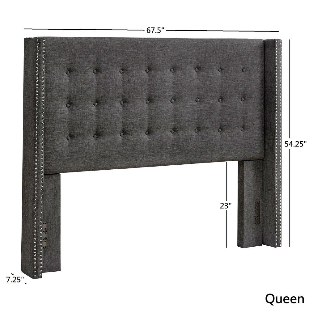 Dark Grey Linen Queen Wingback Headboard. Picture 2