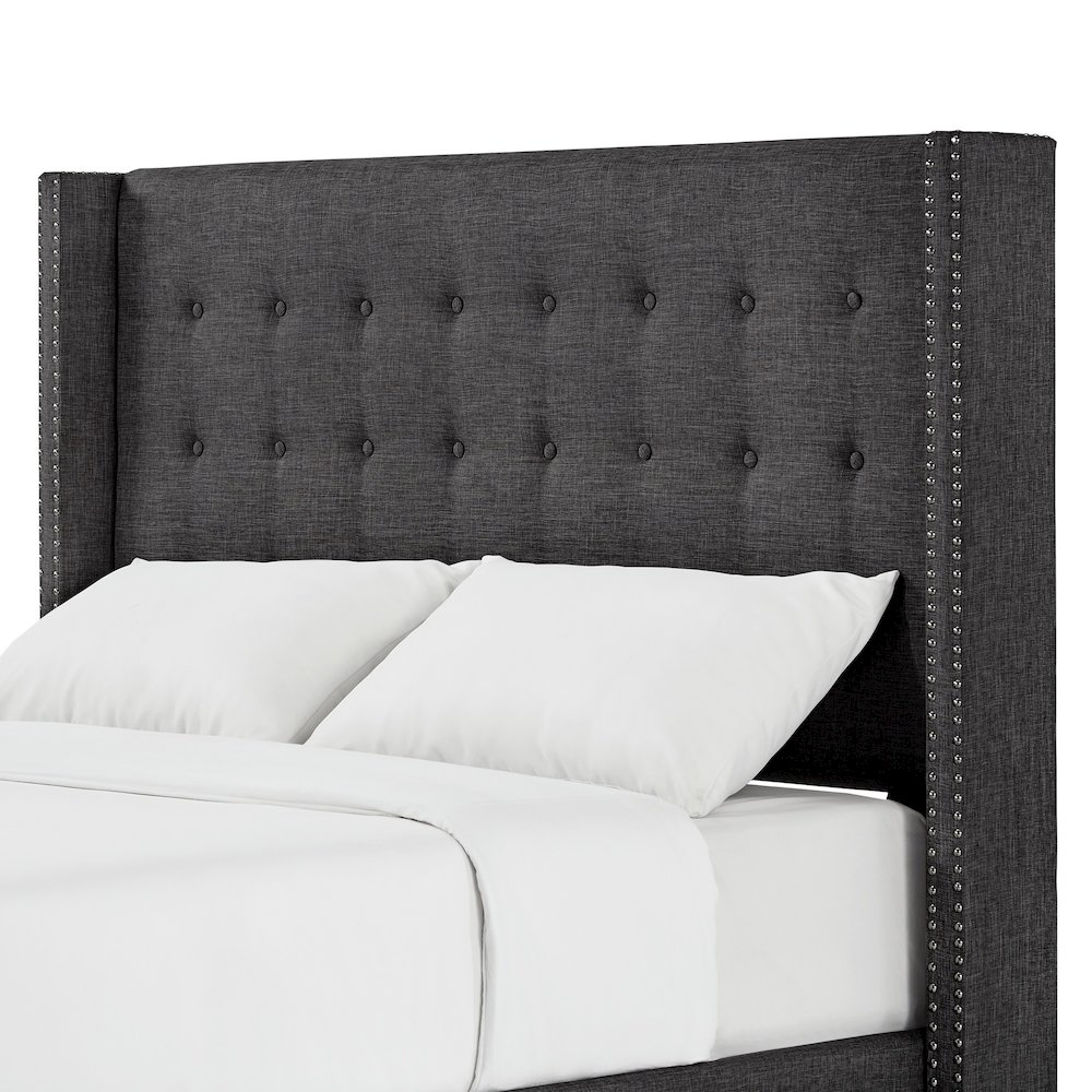 Dark Grey Linen Queen Wingback Headboard. Picture 3