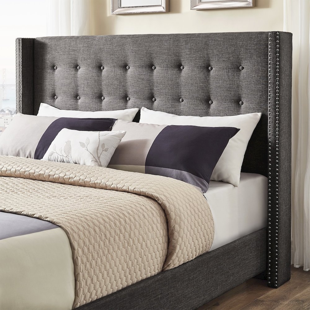 Dark Grey Linen Queen Wingback Headboard. Picture 1