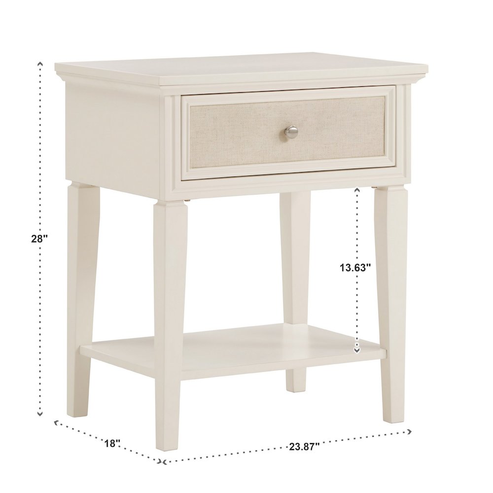 White Finish Beige Linen Drawer Face 1 Drawer Nightstand. Picture 2