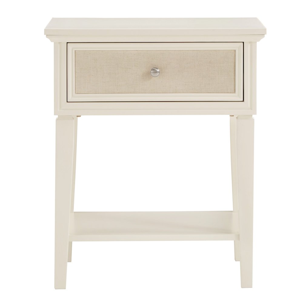 White Finish Beige Linen Drawer Face 1 Drawer Nightstand. Picture 3