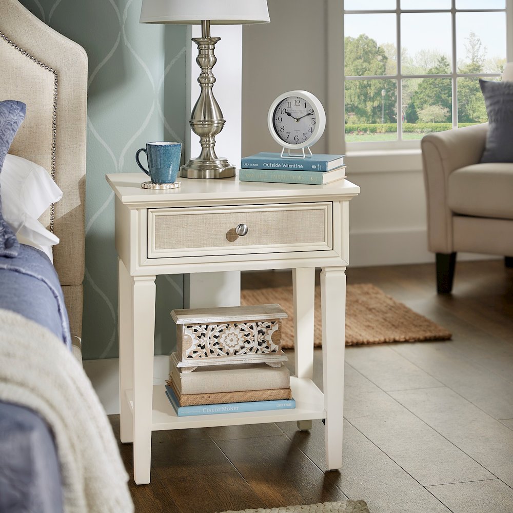 White Finish Beige Linen Drawer Face 1 Drawer Nightstand. Picture 1