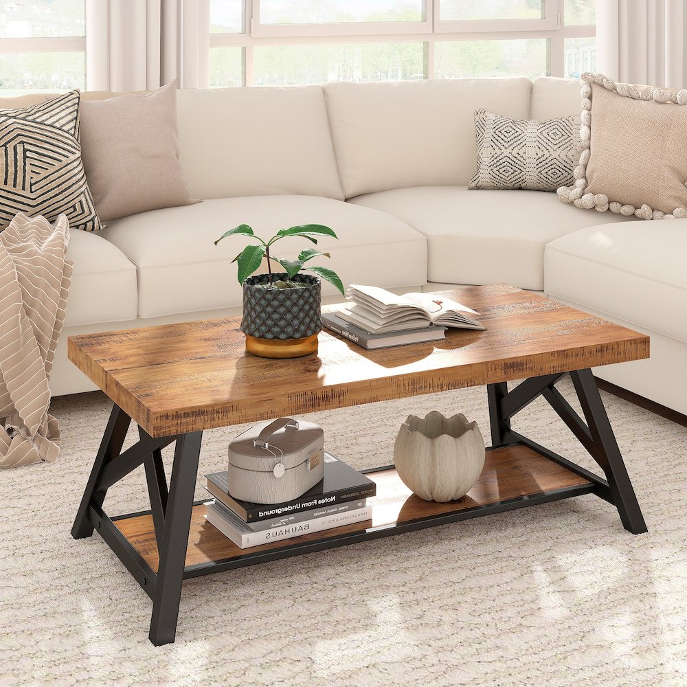 Oak Finish Coffee Table With Shelf. Picture 1
