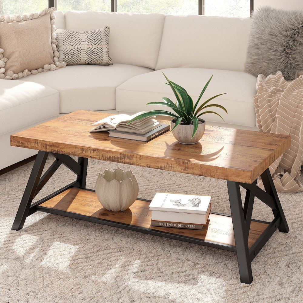 Oak Finish Coffee Table With Shelf. Picture 2
