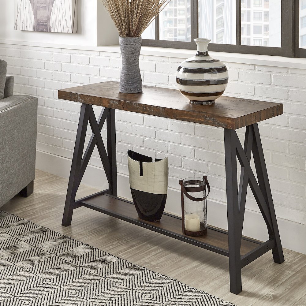 Brown Finish Sofa Table With Shelf. Picture 1