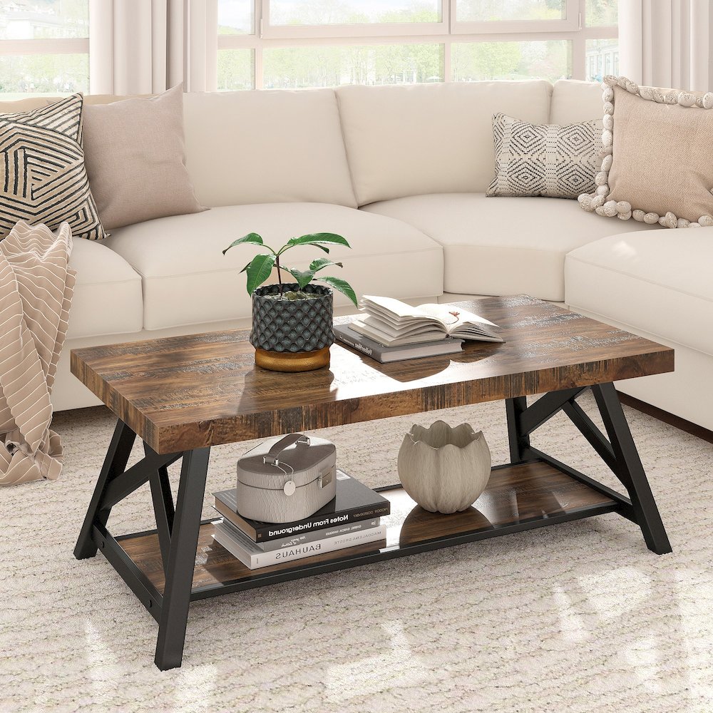 Brown Finish Coffee Table With Shelf. Picture 1