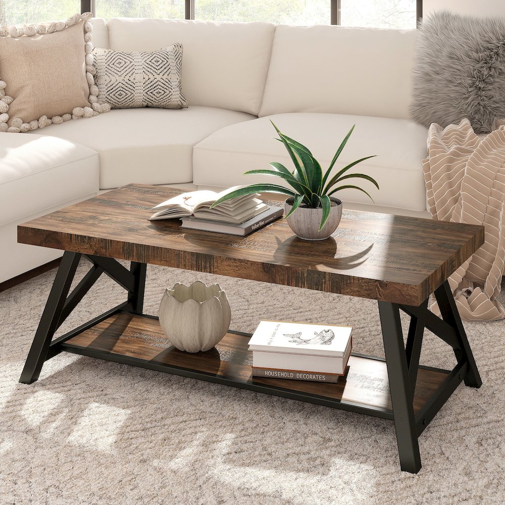 Brown Finish Coffee Table With Shelf. Picture 2