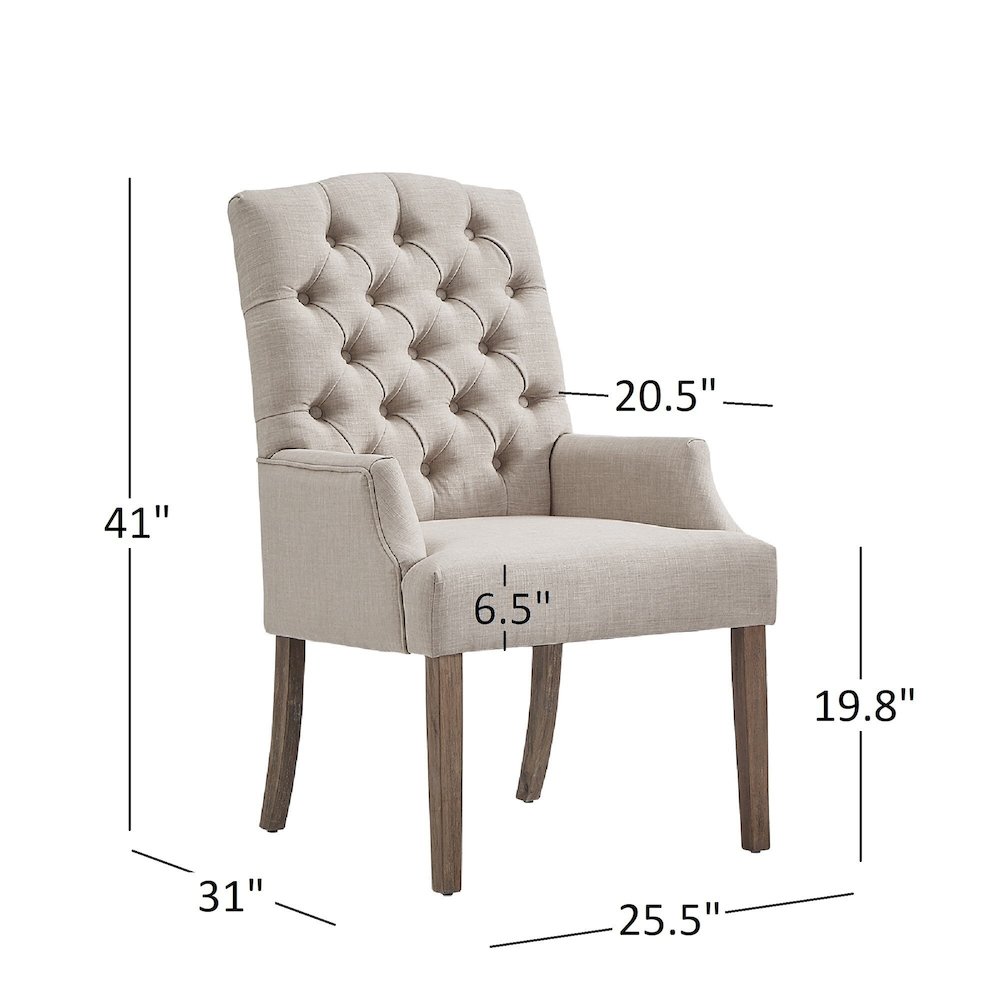Light Distressed Natural Finish Grey Linen Tufted Dining Chair. Picture 2