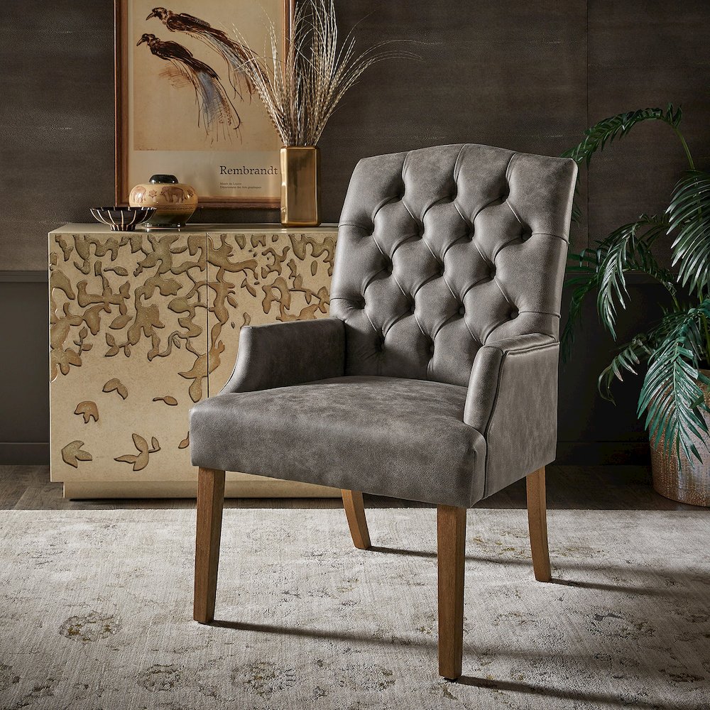 Light Distressed Natural Finish Grey Polished Microfiber Tufted Dining Chair. Picture 1