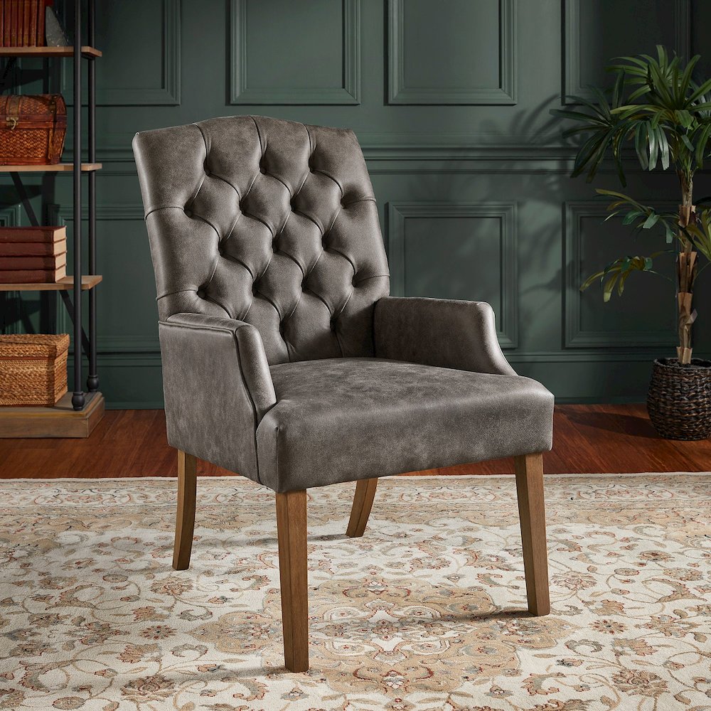 Light Distressed Natural Finish Grey Polished Microfiber Tufted Dining Chair. Picture 2