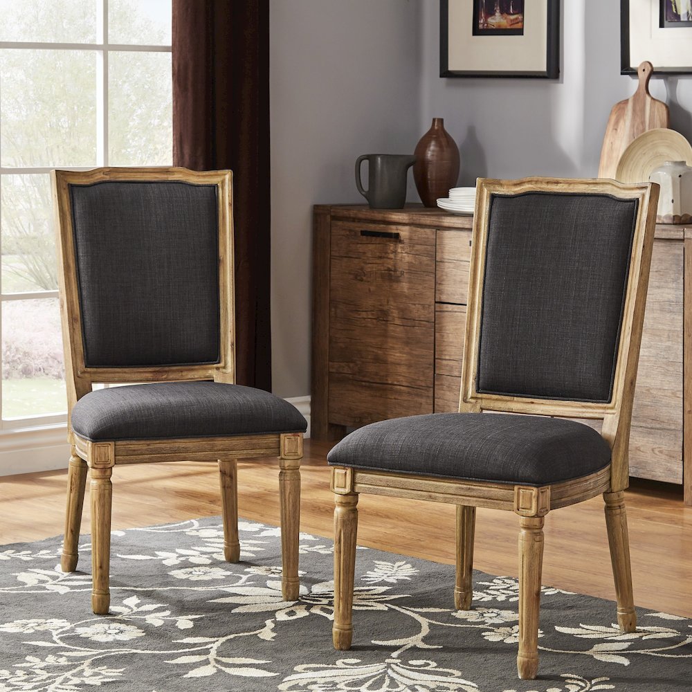 Set of 2, Dark Grey Linen Dining Chair. Picture 2