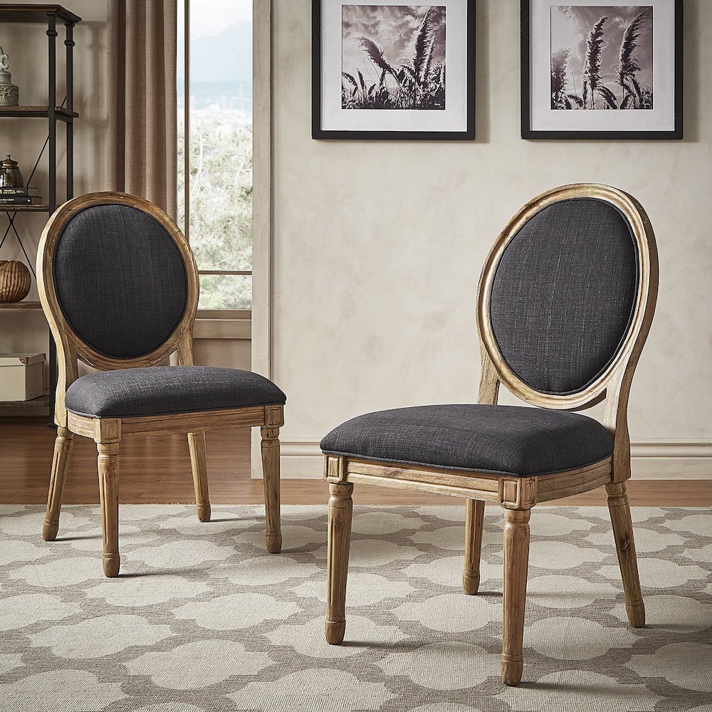 Set of 2, Dark Grey Linen Round Back Dining Chair. Picture 2