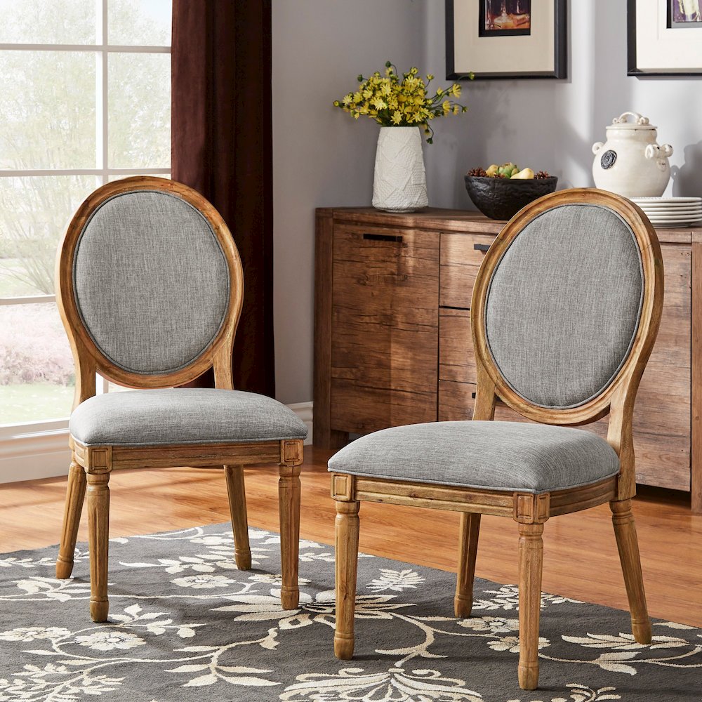 Set of 2, Grey Linen Round Back Dining Chair. Picture 2