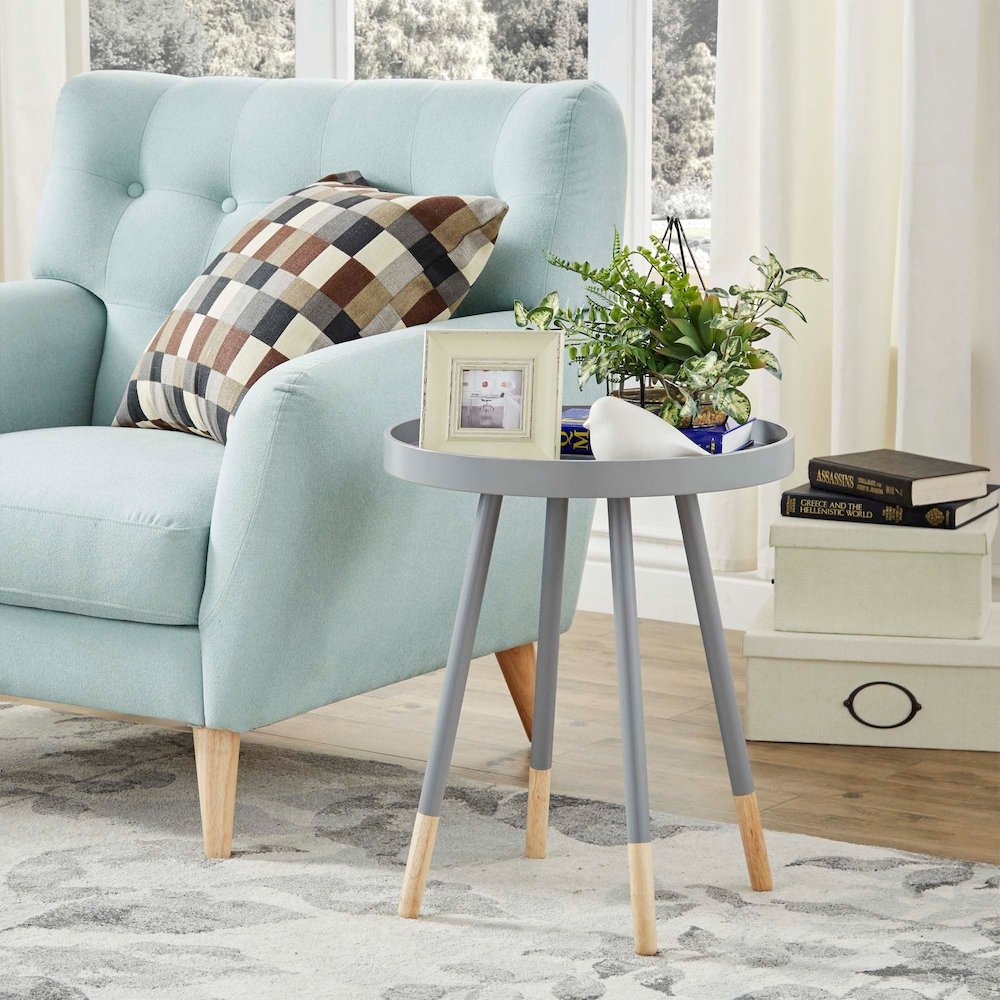 Frost Grey Finish Round Tray End Table. Picture 1