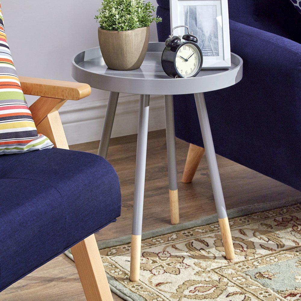 Frost Grey Finish Round Tray End Table. Picture 2