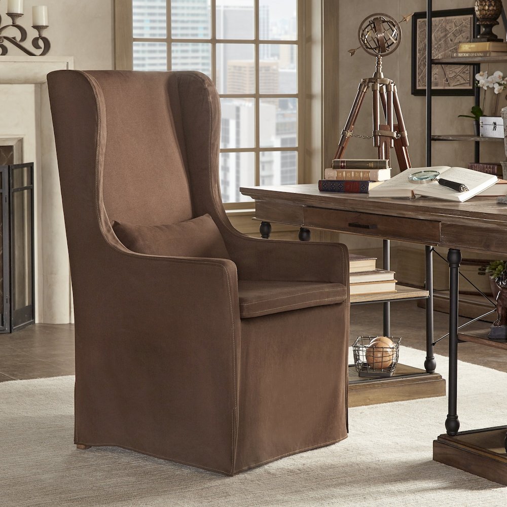 Brown Cotton Fabric Chair Cover & Beige Linen Wingback Parson Chair. Picture 1