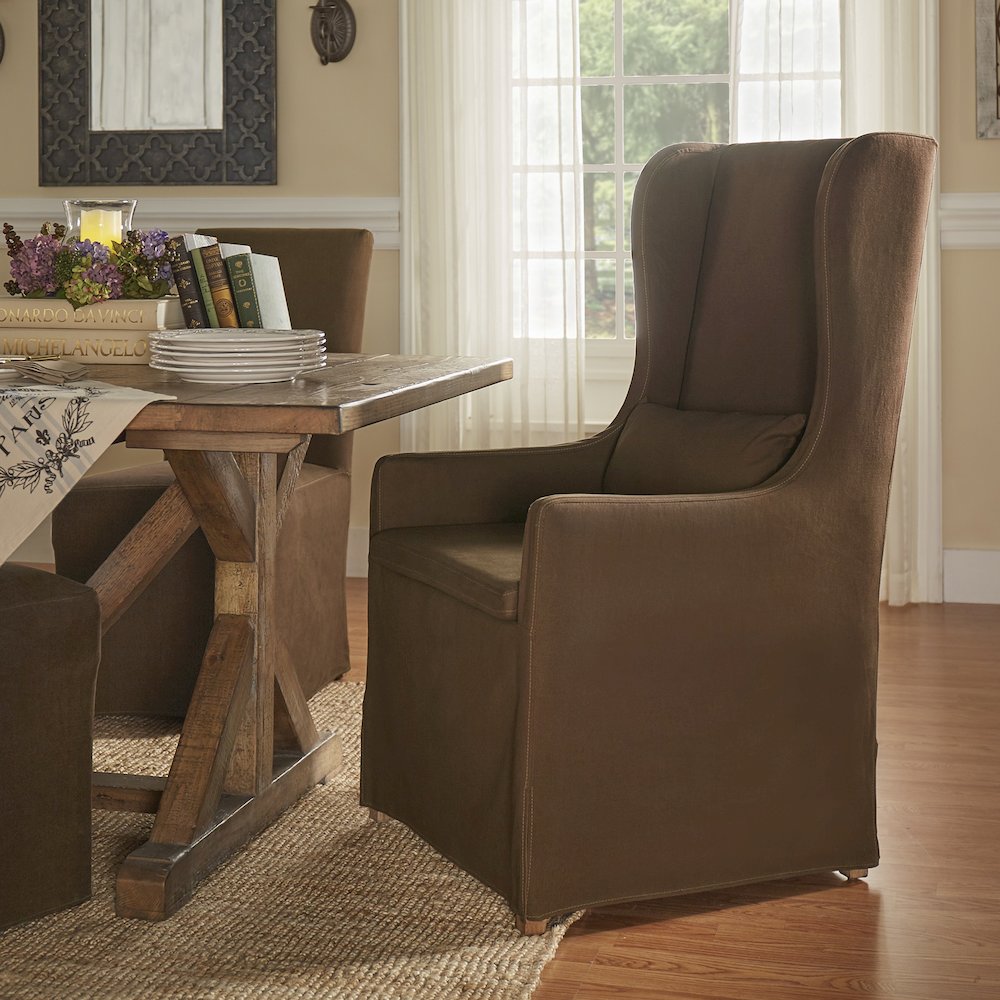 Brown Cotton Fabric Chair Cover & Beige Linen Wingback Parson Chair. Picture 2