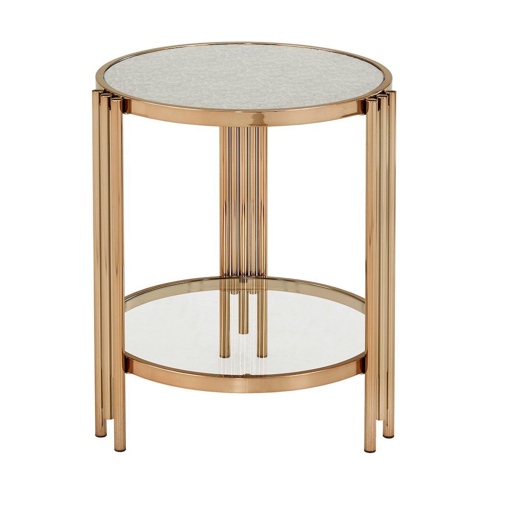 Champagne Gold Finish Textured Metallic Mirror Top End Table  With Glass Shelf. Picture 5