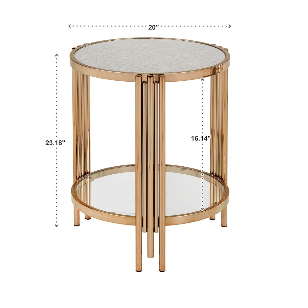 Champagne Gold Finish Textured Metallic Mirror Top End Table  With Glass Shelf. Picture 3