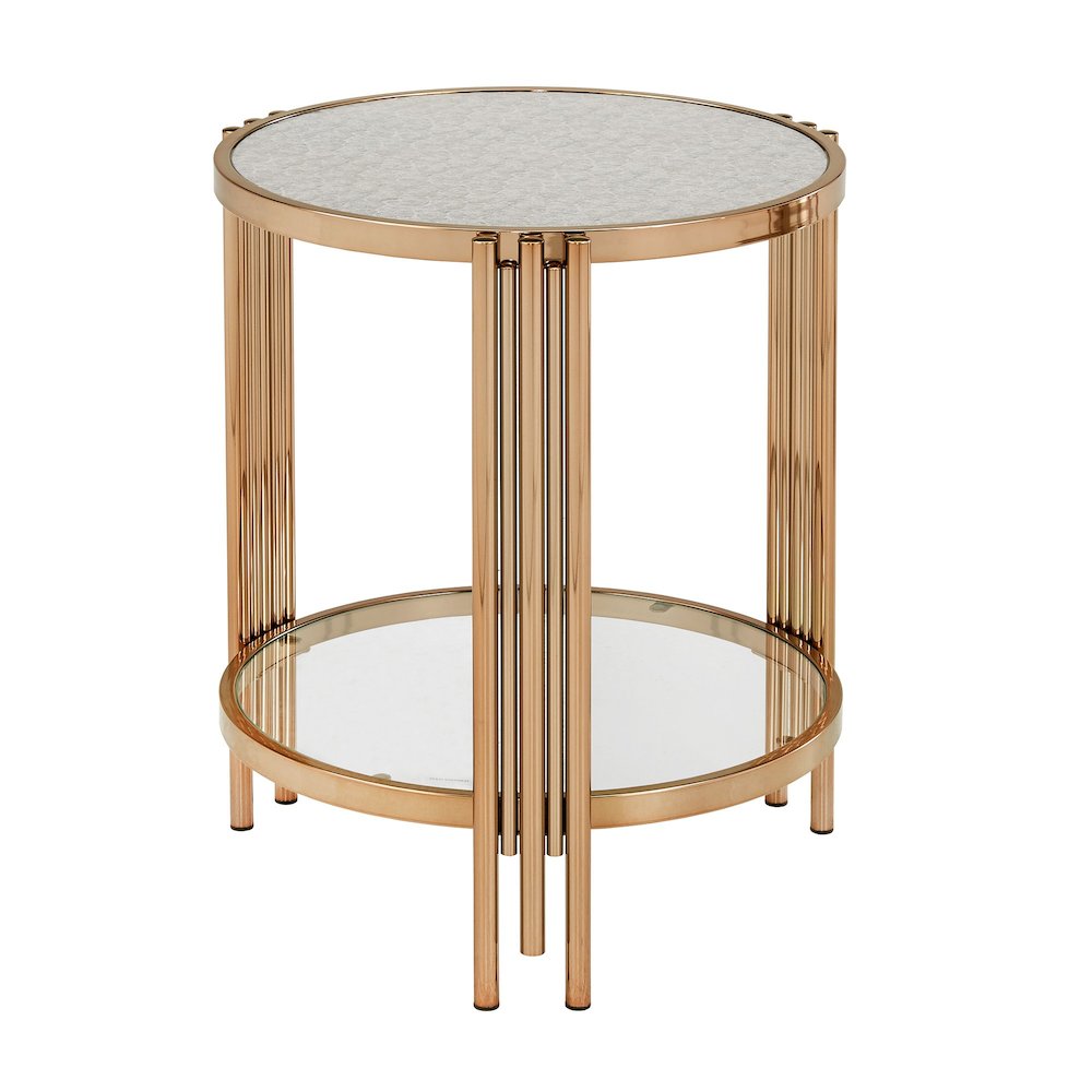 Champagne Gold Finish Textured Metallic Mirror Top End Table  With Glass Shelf. Picture 4