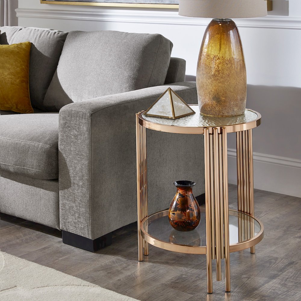 Champagne Gold Finish Textured Metallic Mirror Top End Table  With Glass Shelf. Picture 1
