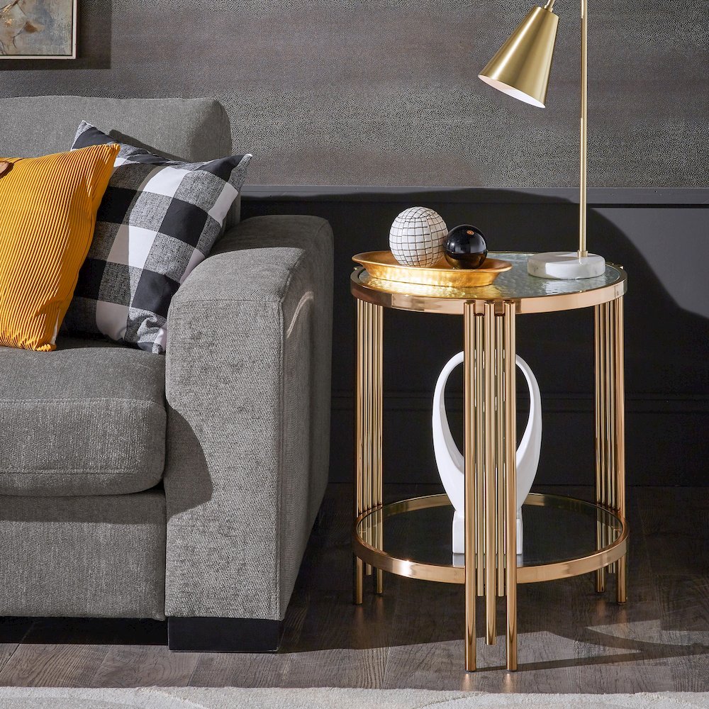 Champagne Gold Finish Textured Metallic Mirror Top End Table  With Glass Shelf. Picture 2