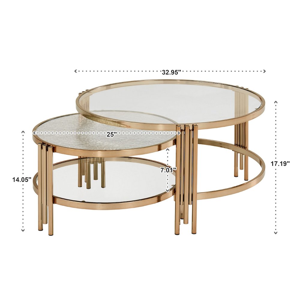 Champagne Gold Finish Textured Metallic Mirror & Glass Top Nesting Coffee Table. Picture 3