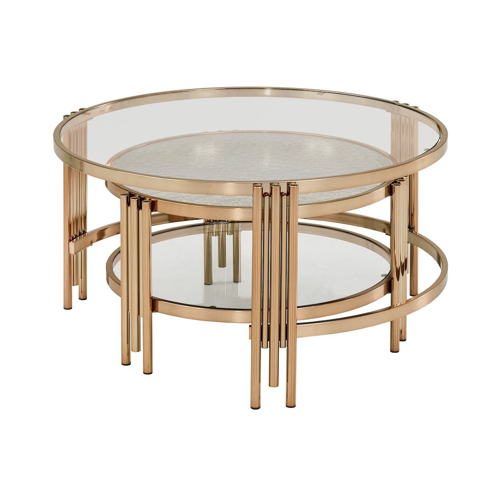 Champagne Gold Finish Textured Metallic Mirror & Glass Top Nesting Coffee Table. Picture 4