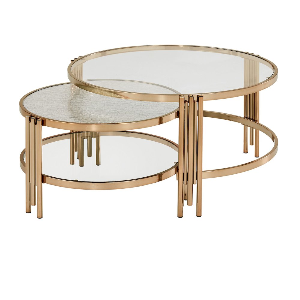 Champagne Gold Finish Textured Metallic Mirror & Glass Top Nesting Coffee Table. Picture 5