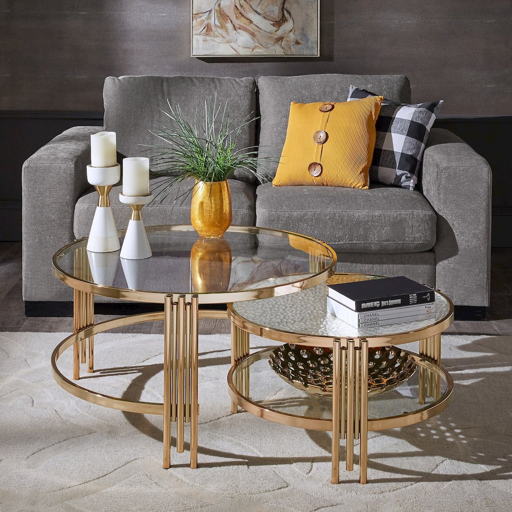 Champagne Gold Finish Textured Metallic Mirror & Glass Top Nesting Coffee Table. Picture 2