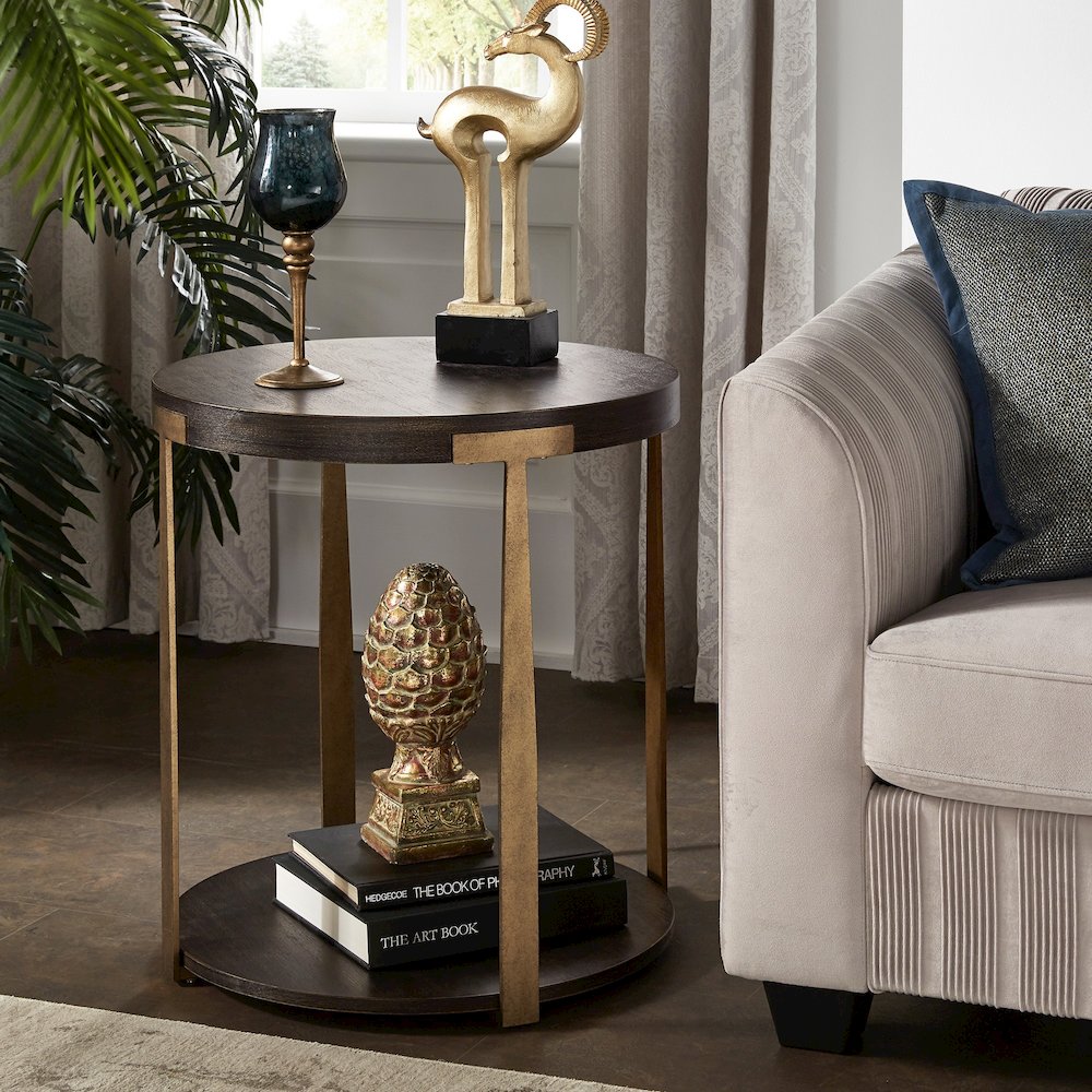 Espresso Finish Antique Brass T-Brace End Table. Picture 2