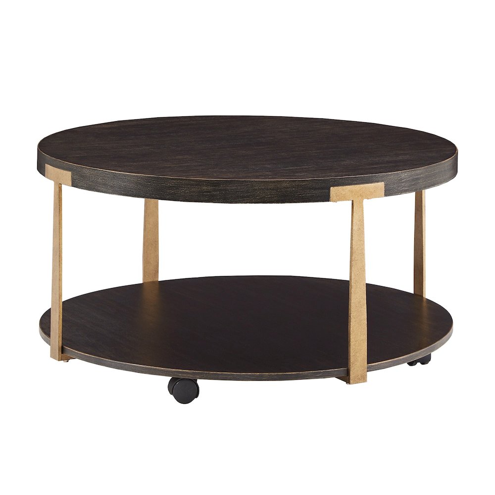Espresso Finish Antique Brass T-Brace Coffee Table. Picture 5
