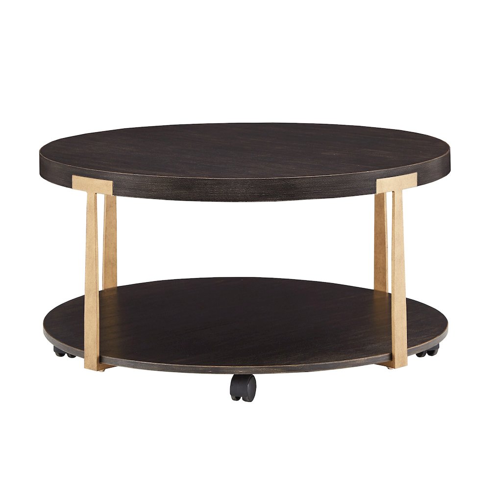 Espresso Finish Antique Brass T-Brace Coffee Table. Picture 4