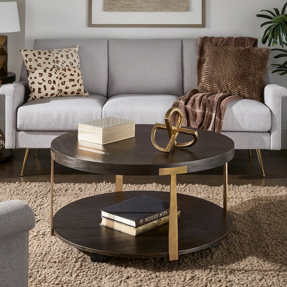 Espresso Finish Antique Brass T-Brace Coffee Table. Picture 1