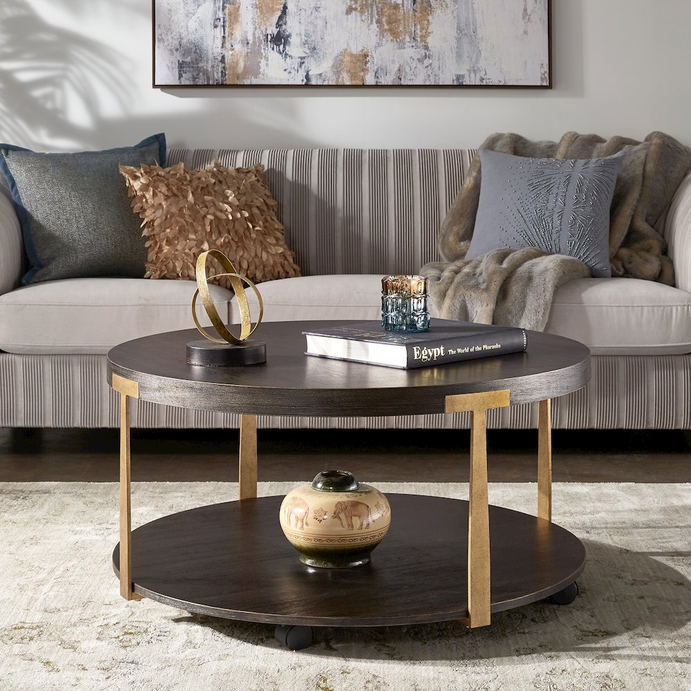 Espresso Finish Antique Brass T-Brace Coffee Table. Picture 2