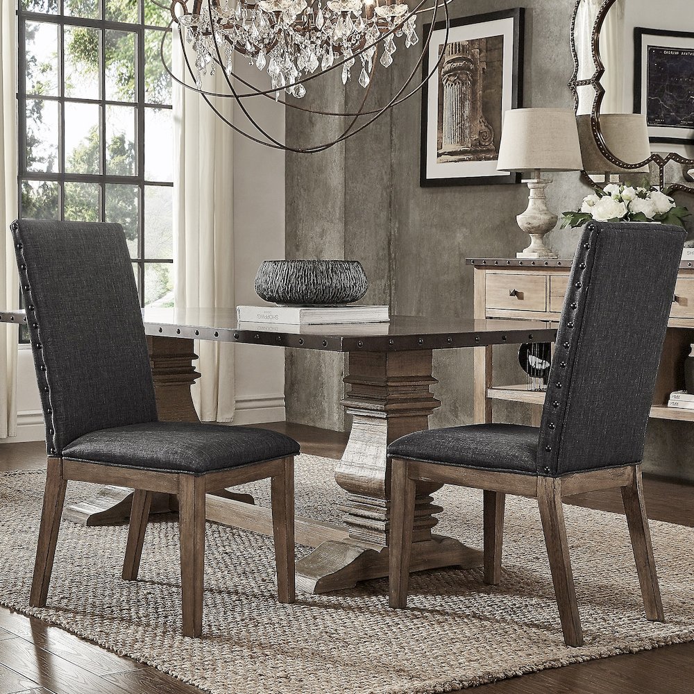 Set of 2, Light Distressed Natural Finish Dark Grey Linen Nailhead Dining Chair. Picture 1