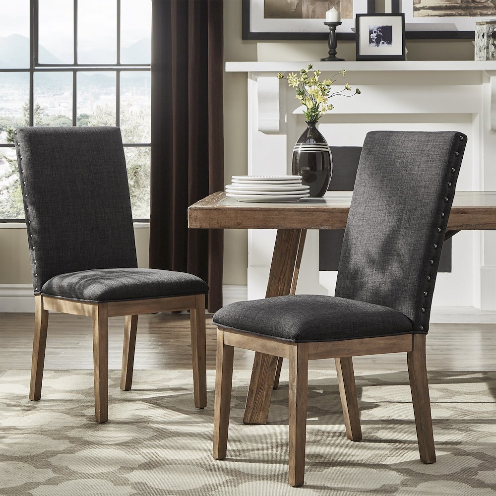 Set of 2, Light Distressed Natural Finish Dark Grey Linen Nailhead Dining Chair. Picture 2