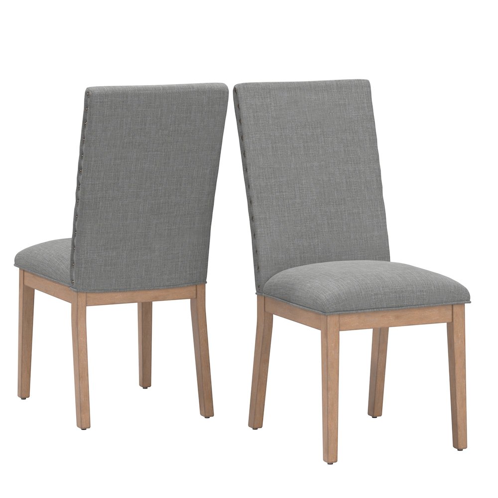Set of 2, Light Distressed Natural Finish Grey Linen Nailhead Dining Chair. Picture 7
