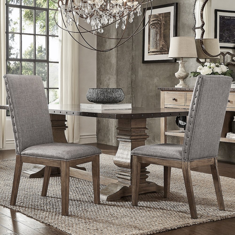 Set of 2, Light Distressed Natural Finish Grey Linen Nailhead Dining Chair. Picture 1