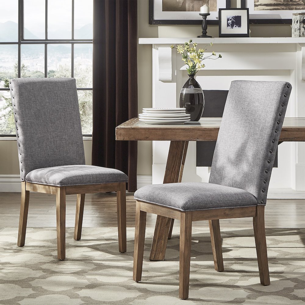 Set of 2, Light Distressed Natural Finish Grey Linen Nailhead Dining Chair. Picture 2