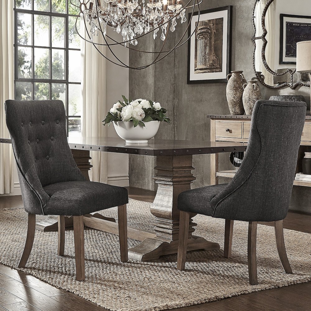 Set of 2, Light Distressed Natural Finish Dark Grey Linen Tufted Dining Chair. Picture 1